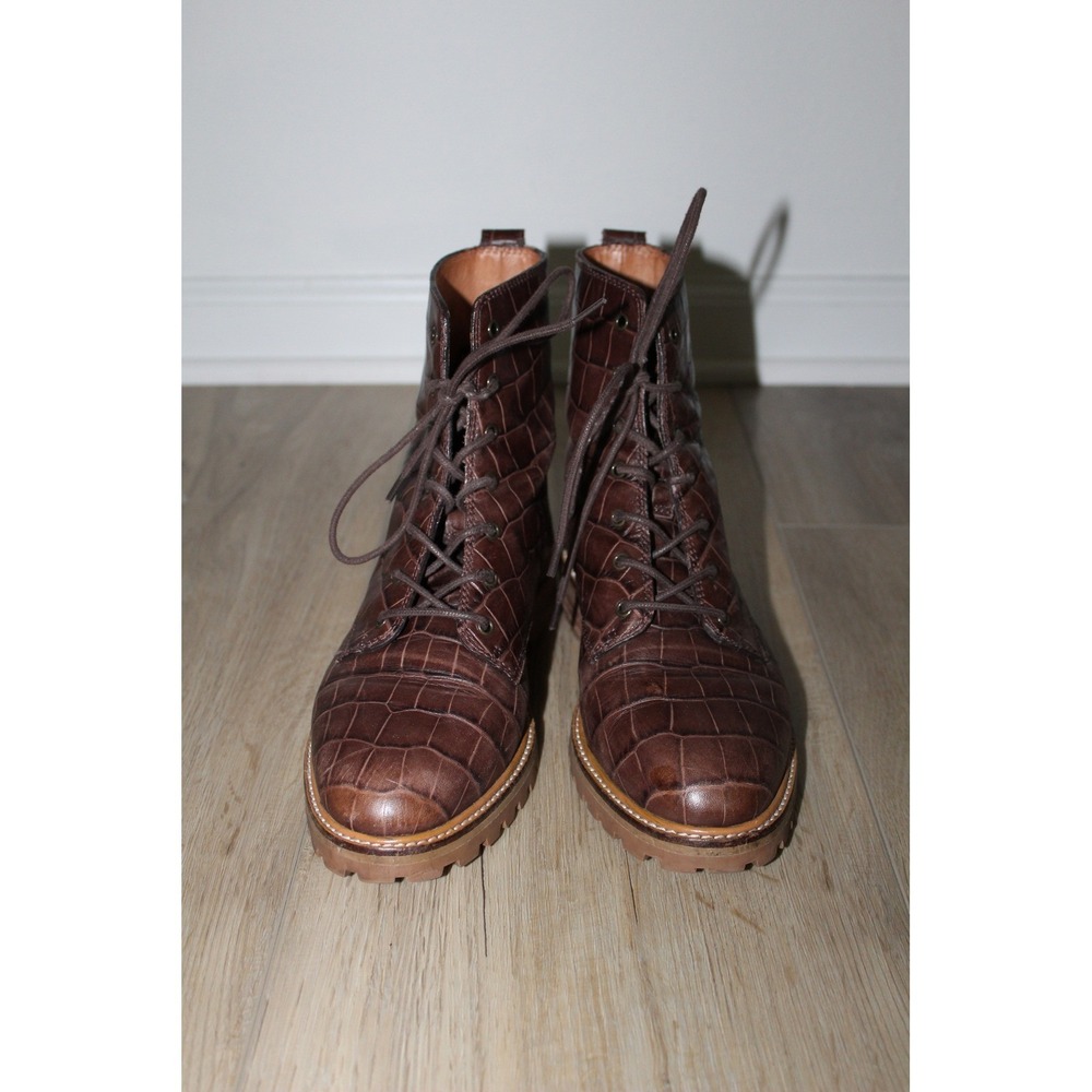 Madewell Brown Croc Embossed‎ Leather Lace Up Combat Lug Sole Boots Size 7.5